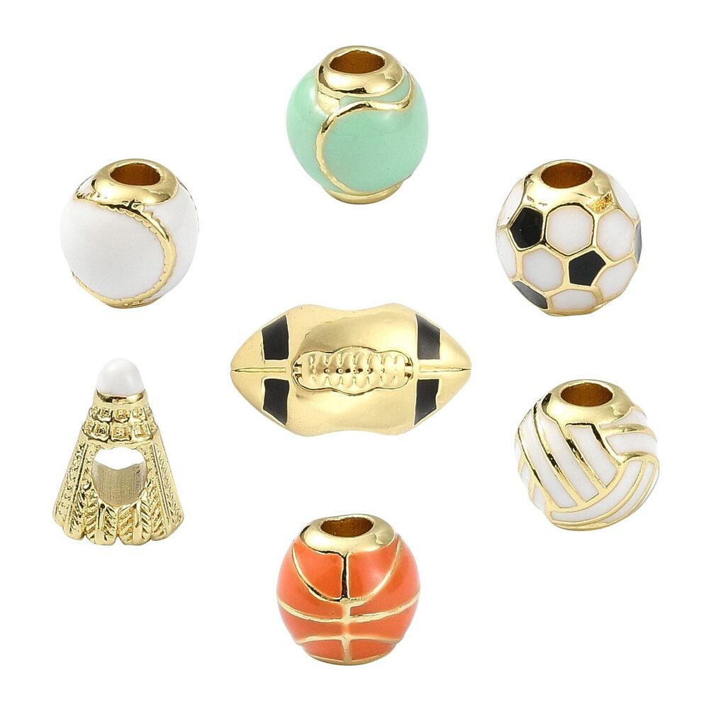 4777 7Pcs 7 Styles Gold Plated Sport Ball Beads Brass Enamel Rugby